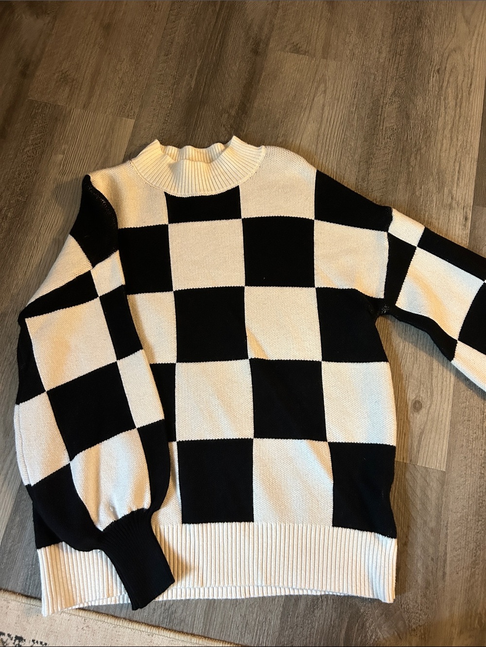 Black & White Checkerboard Mock Neck Sweater - Men